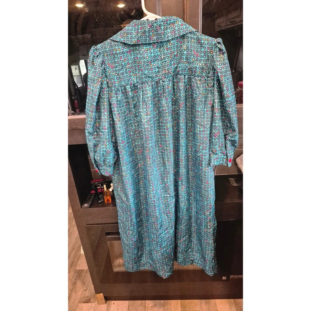 Vintage‎ 80s 90s Geometric Midi Dress Teal Abstract Print Button Front Boho M/L